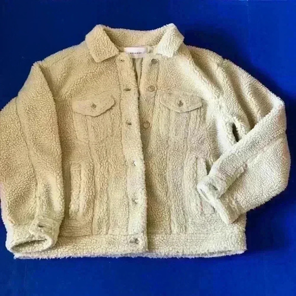Popsugar Sherpa trucker jacket coat size Large tan beige - Picture 1 of 10